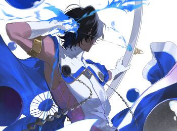 1boy absurdres agni_gandiva arjuna_(fate) arjuna_(third_ascension)_(fate) arrow_(projectile) black_hair blue_cape bow_(weapon) cape commentary_request dark_skin drawing_bow fate/grand_order fate_(series) from_behind gloves highres holding holding_arrow holding_bow_(weapon) holding_weapon male_focus simple_background weapon white_background white_gloves yurumawari
