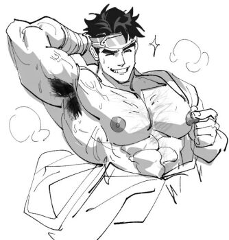 1boy abs arm_behind_back armpit_hair bara closed_eyes commentary cropped_torso english_commentary excessive_armpit_hair fire_emblem fire_emblem_echoes:_shadows_of_valentia greyscale grin kamui_(fire_emblem) large_pectorals male_focus monochrome muscular muscular_male nintendo nioseptem nipple_stimulation nipple_tweak nipples pectorals short_hair smile solo tweaking_own_nipple upper_body