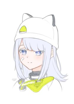 Rule 34 | 1girl, absurdres, arknights, arknights: endfield, bandaid, bandaid on cheek, bandaid on face, blue eyes, bright pupils, closed mouth, clothes writing, colored eyelashes, commentary, cropped shoulders, estella (arknights), grey hair, hat, hatching (texture), highres, linear hatching, looking at viewer, medium hair, nermizu9, signature, simple background, smile, solo, split mouth, white background, white hat, white pupils
