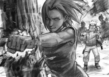 Rule 34 | 1boy, 1girl, flak jacket, flower, haruno sakura, highres, jacket, monochrome, naruto (classic), naruto (series), p papiru, punching, short hair, spiked hair, strong, toned, toned female, tree, uzumaki naruto, valentine