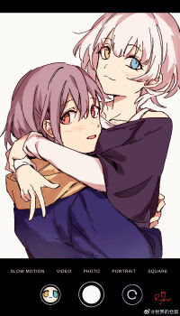 2girls :3 :d absurdres artist_name bang_dream! bang_dream!_it's_mygo!!!!! black_shirt blue_eyes blue_hoodie blush chinese_commentary commentary_request english_text fake_phone_screenshot fake_screenshot heterochromia highres holding_another's_waist hood hoodie hug kaname_raana looking_at_viewer medium_hair multiple_girls open_mouth purple_hair red_eyes ryow_6 shirt signature simple_background smile takamatsu_tomori v watermark weibo_watermark white_background white_hair yellow_eyes yellow_hood