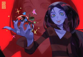 adventure_time apple artist_logo awk_(awkawkl) black_hair blue_eyes colored_skin commentary english_commentary fangs fingernails food fruit highres holding holding_food holding_fruit logo long_fingernails long_hair long_sleeves low-tied_long_hair marceline_abadeer nail_polish open_mouth purple_skin red_background red_pupils shirt smile star_(symbol) star_in_eye striped_clothes striped_shirt symbol_in_eye upper_body vampire_bite zoom_layer