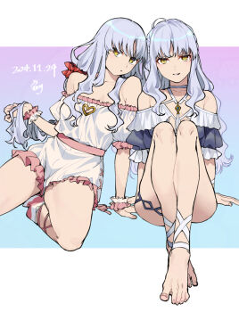 2girls ankle_ribbon arm_support bare_legs bare_shoulders barefoot between_breasts bikini blue_bikini braid breasts caren_hortensia caren_hortensia_(angel_heart) caren_hortensia_(hot_springs_table_tennis) cleavage_cutout clothing_cutout collarbone dated dual_persona fate/grand_order fate_(series) feet foot_focus foreshortening full_body hair_ornament hair_scrunchie half_up_braid heart_cutout holding_own_hair knees_up leg_ribbon letterboxed long_hair looking_at_viewer medium_breasts multiple_girls noko_morokoshi off-shoulder_bikini off_shoulder official_alternate_costume official_alternate_hairstyle outside_border parted_bangs parted_lips presenting_own_foot ribbon romper scrunchie signature sitting smile straight-on strap_between_breasts swimsuit thigh_strap toenails toes wavy_hair white_hair white_romper wrist_scrunchie yellow_eyes