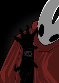 1girl absurdres arthropod_girl chun_grandfa cloak dark_background gun highres hollow_knight hollow_knight:_silksong hornet_(hollow_knight) looking_at_viewer mask red_cloak weapon white_mask