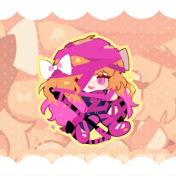 1girl anchor black_jacket black_pants blush bound bow colored_tips commentary_request e.g.o_(project_moon) full_body hair_bow highres homura792 ishmael_(project_moon) jacket limbus_company long_hair looking_at_viewer multicolored_hair open_mouth orange_hair pants pink_eyes pink_hair pink_ribbon pink_shoes project_moon ribbon roseate_desire_(e.g.o) shoes sidelocks smile solo tied_up_(nonsexual) very_long_hair white_bow