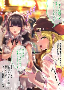 +++ 1boy 3girls absurdres alternate_costume apron badge black_neckwear breasts button_badge cleavage closed_eyes commentary dress drill_hair drill_sidelocks eighth_note enmaided eyeball fake_nails flyer focused frills green_eyes green_hair hat highres himekawa_(shashaki) holding light_particles long_hair looking_at_viewer maid maid_headdress mole mole_on_breast mole_under_eye multicolored_nails multiple_girls musical_note nail_polish neck_ribbon original osanai_(shashaki) pov religious_offering ribbon sharp_teeth shashaki short_sleeves sidelocks smile spoken_musical_note teeth translated white_apron