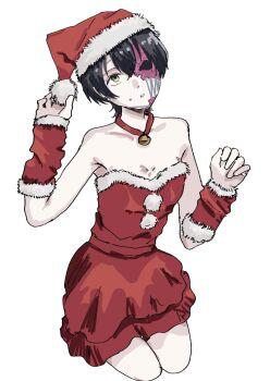 0chandaisuki 1girl alternate_costume arm_warmers bell black_hair breasts christmas dress fur-trimmed_arm_warmers fur-trimmed_dress fur-trimmed_headwear fur_trim hair_between_eyes half_mask hat highres kneeling looking_up mask medium_breasts neck_bell red_arm_warmers red_dress red_hat rei_shimobe santa_hat short_hair shuten_order sleeveless sleeveless_dress small_sweatdrop solo strapless strapless_dress white_background yellow_eyes