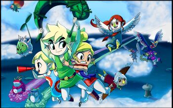 aryll balloon bandana beak belt bird_girl bird_wings blue_eyes bokoblin circlet cloud cyclos_(zelda) dress feathered_wings feathers flying highres island kargarok komali korok link medli nintendo ocean outdoors pigtail_braids pirate pointy_ears princess_zelda red_eyes red_hair rito sky teevo telescope tetra the_legend_of_zelda the_legend_of_zelda:_the_wind_waker tingle toon_link tunic vest white_hair wings zephos_(zelda)