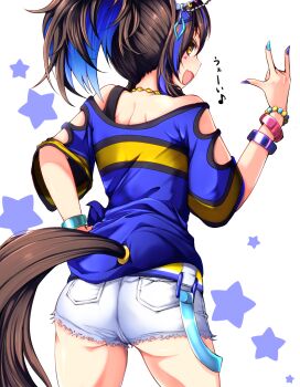 1girl \n/ animal_ears ass bead_bracelet beads blue_hair bracelet brown_hair clothing_cutout cowboy_shot crotch_seam cutoffs daitaku_helios_(fun_fun_party_night)_(umamusume) daitaku_helios_(umamusume) dark_blue_hair ear_covers earrings facial_mark fang fingernails flat_ass from_behind hand_on_own_hip hand_up high_ponytail highres horse_ears horse_girl horse_tail jewelry long_hair looking_at_viewer multicolored_hair nail_polish neck necklace open_mouth pocket ponytail shirt short_shorts shorts shoulder_blades sideways_glance skin_fang smile solo tail tail_through_clothes tenko_(raimugi666) two-tone_hair umamusume underbutt white_shorts yellow_eyes