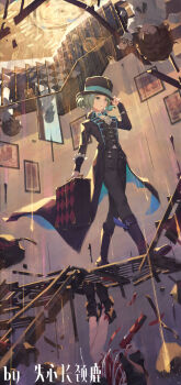 3girls adjusting_clothes adjusting_headwear ankle_boots artist_name ascot black_coat black_footwear black_hat black_pants black_vest blue_bow boater_hat boots bow coat collared_shirt dress full_body golden_spiral grey_eyes grey_hair gun hair_bow hair_bun hand_on_headwear hand_up hat head_out_of_frame highres holding holding_gun holding_suitcase holding_weapon isabella_(reverse:1999) localized_gravity multiple_girls pants pants_tucked_in picture_frame rain red_dress reverse:1999 round_eyewear schneider_(reverse:1999) shards shirt shixin_changjinglu short_hair single_side_bun solo_focus spiral_staircase stairs suitcase vertin_(reverse:1999) vest waistcoat walking weapon white_ascot white_dress white_shirt