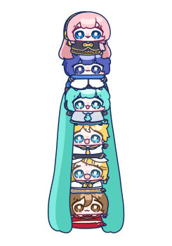 Rule 34 | 2boys, 4girls, :3, :d, absurdly long hair, absurdres, black shirt, black shorts, black skirt, black sleeves, blonde hair, blue eyes, blue hair, blue jacket, blue necktie, bow, brown eyes, brown hair, chibi, chibi only, collared shirt, detached sleeves, grey sailor collar, grey shirt, hair bow, hair ornament, hatsune miku, headphones, highres, jacket, kagamine len, kagamine rin, kaito (vocaloid), long hair, megurine luka, meiko (vocaloid), multiple boys, multiple girls, neckerchief, necktie, open mouth, pink hair, red shirt, red skirt, sailor collar, shirt, short hair, shorts, simple background, skirt, smile, stacking, very long hair, vocaloid, white background, white bow, white shirt, yananang, yellow neckerchief