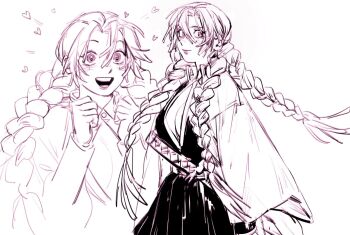 1girl black_jacket black_skirt blush braid breasts cleavage clenched_hands closed_mouth cowboy_shot demon_slayer_uniform hair_between_eyes haori happy jacket japanese_clothes kanroji_mitsuri katana kimetsu_no_yaiba large_breasts long_hair mole mole_under_eye multiple_braids multiple_views open_mouth pleated_skirt plunging_neckline rumaeinine sketch skirt smile solo sword upper_body weapon white_background