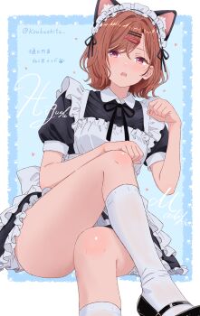 1girl absurdres alternate_costume animal_ears apron black_dress black_ribbon blush brown_hair cat_ears commentary_request crossed_legs dress enmaided frilled_apron frills hair_ornament hairclip heart highres higuchi_madoka idolmaster idolmaster_shiny_colors invisible_chair koukashita looking_at_viewer maid maid_headdress mole mole_under_eye multiple_hairclips neck_ribbon parallel_hairclips paw_pose red_eyes ribbon short_hair short_sleeves sitting socks solo translation_request twitter_username white_apron white_socks