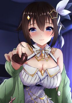 1girl blush breasts brown_hair candy chocolate chocolate_heart cleavage closed_mouth commentary_request diamond_hair_ornament dress food green_jacket hair_ornament heart heart-shaped_food highres holding holding_chocolate holding_food hololive jacket korean_commentary large_breasts long_hair looking_at_viewer moezi nail_polish official_alternate_costume pink_nails ponytail purple_eyes smile solo star_(symbol) star_hair_ornament tokino_sora tokino_sora_(birthday_2022) virtual_youtuber white_dress