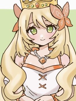 1girl bare_shoulders blonde_hair butterfly_hair_ornament celine_(fire_emblem) crown fire_emblem fire_emblem_engage green_eyes hair_ornament long_hair looking_at_viewer nintendo orange_trim papi_ike princess solo very_long_hair
