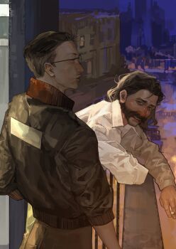 2boys absurdres aegyo_sal against_railing beard black_eyes black_hair black_jacket blush bomber_jacket cigarette collared_shirt commentary cowboy_shot disco_elysium elbow_rest english_commentary facial_hair glasses hand_in_pocket harry_du_bois highres holding holding_cigarette jacket kim_kitsuragi kozmoraven1610 looking_at_another male_focus multiple_boys night nose_blush outdoors railing shirt short_hair white_shirt