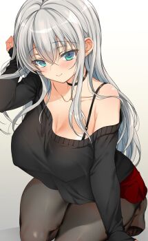 1girl black_choker black_pantyhose black_sweater blue_eyes blush bra_strap breasts breasts_day choker cleavage collarbone crossed_bangs emily_(pure_dream) good_breasts_day gradient_background grey_background grey_hair hair_between_eyes hashtag-only_commentary highres kneeling large_breasts long_hair long_sleeves looking_at_viewer original pantyhose red_skirt sidelocks skirt smile solo sweater white_background