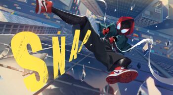 1boy 86_(nononononoway) absurdres air_jordan_1 animal_print belt black_bodysuit bodysuit building bus car chromatic_aberration city day english_text falling from_above full_body glass glass_shards halftone highres hood hooded_bodysuit hoodie jacket leap_of_faith marvel mask miles_morales motor_vehicle multicolored_bodysuit outdoors print_bodysuit reflection reflective_wall road rooftop shadow shoes shorts silk skyscraper sound_effects spider-man:_into_the_spider-verse spider-man_(series) spider-verse spider_print spider_web spider_web_print superhero_costume two-tone_bodysuit