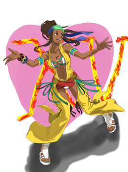 1girl absurdres bikini breasts brown_eyes brown_hair dancer dark-skinned_female dark_skin dracocyba01 earrings feet female_focus hairband highres jewelry large_breasts long_hair panties ring shoes smile smiley_face standing swimsuit the_king_of_fighters thick_thighs thighs underwear white_panties wide_hips yongma_lee yongmalee zarina