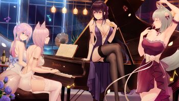 4girls alexiel_(pixiv6211566) animal_ears aqua_eyes armlet black_legwear blue_eyes breasts brown_hair champagne_flute cleavage closed_eyes cup dress drinking_glass evening_gown fox_ears fox_tail grey_hair highres instrument jewelry large_breasts lounge multiple_girls music original phonograph piano pink_hair playing_instrument playing_piano purple_dress purple_eyes red_dress tail thighhighs white_dress white_legwear