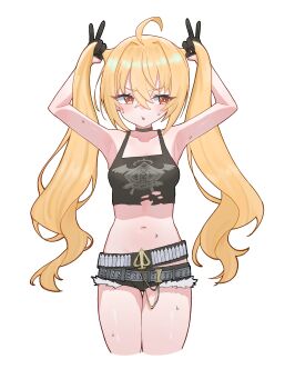 1girl :o absurdres ahoge armpits arms_up averting_eyes bare_arms bare_shoulders belt black_choker black_gloves black_shorts black_tank_top blonde_hair blush breasts bunching_hair choker collarbone cowboy_shot crop_top cropped_legs crossed_bangs cutoffs denim denim_shorts fur-trimmed_shorts fur_trim gloves grey_belt hair_between_eyes half_gloves highres hotpants korean_commentary loli long_hair looking_to_the_side luciana_de_montefio micro_shorts midriff navel open_mouth red_eyes shirt shorts simple_background small_breasts solo sparkling_eyes star_(symbol) star_in_eye sweat sweatdrop symbol_in_eye symmetry tank_top thigh_gap thighs torn_clothes torn_shirt twintails very_long_hair white_background wint_(sxfr3353) zenless_zone_zero