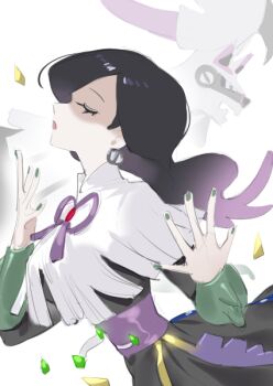 1girl black_dress black_hair closed_eyes corset dress earrings fur-trimmed_dress fur_trim gen_7_pokemon gold_trim hair_between_eyes hex_maniac_(pokemon) hex_maniac_(pokemon_legends:_z-a) jewelry large_earrings legendary_pokemon long_hair long_sleeves neck_ribbon nintendo open_mouth pokemon pokemon_legends:_z-a purple_corset purple_ribbon raine_(acke2445) ribbon silvally silvally_(ghost) sphere_earrings two-tone_dress