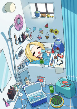 1girl absurdres bath bath_stool bathroom bathtub blonde_hair blush_stickers can cheribon closed_eyes cooler curtains drink_can faucet food fruit highres holding holding_food holding_popsicle ice ice_cream ice_cream_float indoors mirror open_mouth original partially_submerged plastic_bottle popsicle rubber_duck shampoo_bottle shaved_ice shelf shower_cap solo stool swimsuit tile_floor tiles watermelon window