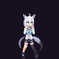 1girl ahoge animal_ears animated black_background black_shorts demonlordraizen fox_ears fox_girl fox_shadow_puppet fox_tail green_eyes hair_between_eyes hololive hood hoodie looking_at_viewer pixel_art shirakami_fubuki shirakami_fubuki_(1st_costume) shorts simple_background single_thighhigh solo tail thigh_strap thighhighs video virtual_youtuber white_hair white_hoodie