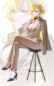 1girl absurdres aglaea_(fashion)_(honkai:_star_rail) aglaea_(honkai:_star_rail) asymmetrical_sidelocks blonde_hair breast_tattoo breasts brown_choker brown_jacket brown_pants brown_sash brown_shirt chair choker cleavage closed_mouth crossed_legs earrings flower_earrings full_body gloves gold_necklace gold_tattoo green_eyes hair_intakes high_heels highres honkai:_star_rail honkai_(series) jacket jacket_on_shoulders jewelry lapels large_breasts laurel_crown leaf_earrings long_single_sidelock necklace necklace_between_breasts no_bra notched_lapels official_alternate_costume on_chair on_stool open_clothes open_shirt pants plunging_neckline revision shirt short_hair sidelocks sitting smile solo stiletto_heels stool striped_clothes striped_pants striped_shirt sugarcanedove tattoo three-quarter_sleeves two-sided_fabric two-sided_jacket vertical-striped_clothes vertical-striped_pants vertical-striped_shirt white_background white_gloves yellow_jacket zoom_layer