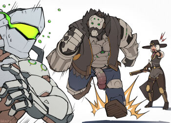 1girl 2boys ashe_(overwatch) bk_mita blue_pants bob_(overwatch) cowboy_hat flying_teardrops frown genji_(overwatch) gun hat large_penis mole mole_above_mouth multiple_boys open_mouth overwatch pants penis penis_out pointing pointing_at_another rifle robot_boy signature simple_background sweatdrop weapon white_background white_hair