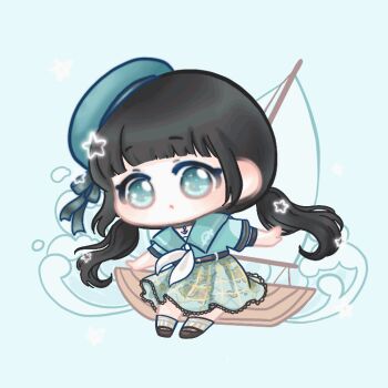 1girl :o anchor_choker animated animated_gif ankle_socks aqua_eyes aqua_hat aqua_sailor_collar aqua_shirt aqua_skirt armband belt belt_buckle beret black_hair blue_background blunt_bangs boat brown_belt brown_shoes buckle chibi chinese_commentary choker collared_shirt colored_eyelashes commentary_request curious grey_armband grey_choker grey_ribbon hat hat_ribbon high-waist_skirt lace-trimmed_sleeves lace_trim light_blush long_hair looking_at_viewer looping_animation low_twintails map_print neckerchief nikki_(series) parted_lips plaid_clothes plaid_skirt pleated_skirt print_skirt ribbon sailboat sailor sailor_collar sailor_hat shining_nikki shirt shoes short_sleeves skirt socks solo sparkle star_(symbol) striped_clothes striped_socks tareme tune_of_breeze_(shining_nikki) twintails vertical-striped_clothes vertical-striped_socks watercraft waves wavy_hair white_neckerchief white_socks xiaoyu_qixing