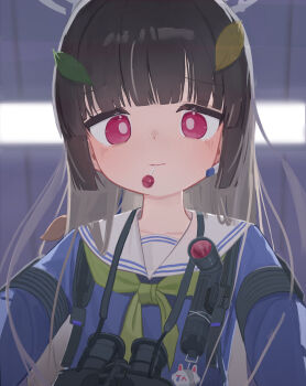 1girl absurdres black_hair blue_archive commentary grey_halo halo highres leaf leaf_on_head long_hair looking_at_viewer miyu_(blue_archive) nyune school_uniform solo