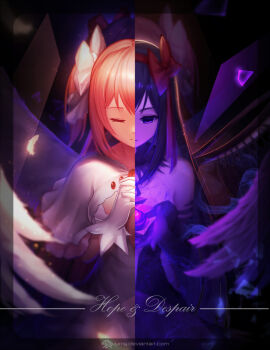 2girls akemi_homura akuma_homura angel_wings black_bow black_hair black_hairband bow cape closed_eyes dress elbow_gloves feathered_wings feathers gloves hair_bow hairband highres interlocked_fingers jurrig kaname_madoka long_hair looking_down mahou_shoujo_madoka_magica mahou_shoujo_madoka_magica:_hangyaku_no_monogatari multiple_girls own_hands_together pink_hair purple_dress purple_eyes purple_gloves purple_wings sleeveless sleeveless_dress split_screen strapless strapless_dress title twintails ultimate_madoka watermark web_address white_bow white_cape white_dress white_feathers white_gloves white_wings wings