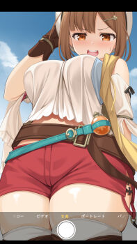 Rule 34 | 1girl, absurdres, atelier (series), atelier ryza, atelier ryza 1, belt, beret, blue sky, blush, breasts, brown belt, brown eyes, brown gloves, brown hair, camisole, commentary request, detached sleeves, gloves, hat, highres, jacket, kageira, large breasts, open mouth, red shorts, reisalin stout, short shorts, shorts, sky, sleeveless, sleeveless jacket, solo, standing, sweat, teeth, thighhighs, upper teeth only, viewfinder, white camisole, white hat, white sleeves, white thighhighs, yellow jacket