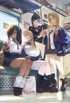 4girls absurdres bag black_boots black_choker black_hair black_jacket black_shoes black_socks blazer blonde_hair blue_bow blue_bowtie blue_cardigan blue_jacket blue_necktie blue_skirt blue_sweater blunt_bangs blush boots bow bowtie breasts brown_hair cardigan choker closed_eyes closed_mouth collarbone collared_shirt commentary crop_top dark-skinned_female dark_skin day dazzling_pearl_(nikke) doro_(nikke) drooling earrings ein_(nikke) facing_viewer goddess_of_victory:_nikke grey_skirt grin gyaru hair_between_eyes hair_bun hair_ornament hair_over_one_eye hair_stick hairclip hands_in_pockets highres holding holding_phone hoop_earrings huge_breasts indoors jacket jewelry knee_boots kogal large_breasts long_hair long_sleeves looking_at_viewer loose_necktie loose_socks lukapia medium_breasts midriff miniskirt mole mole_under_mouth mouth_drool multiple_girls naga_(nikke) necktie o-ring o-ring_choker off_shoulder open_clothes open_jacket open_mouth parted_lips phone pinstripe_pattern pinstripe_skirt plaid_clothes plaid_skirt ponytail purple_jacket purple_scrunchie red_eyes red_necktie school_bag school_uniform scrunchie shadow shirt shoes short_sleeves shoulder_bag side_ponytail sidelocks signature sitting skirt sleeping sleeping_upright smile socks standing striped_bow striped_bowtie striped_clothes striped_necktie sweater teeth thighhighs tia_(nikke) train_interior upper_teeth_only v white_shirt white_socks white_thighhighs wrist_scrunchie zwei_(nikke)