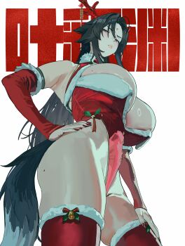 1girl antlers armpits black_hair breasts christmas detached_sleeves fake_antlers fox_tail from_behind fur-trimmed_thighhighs fur_trim genderswap genderswap_(mtf) highres hintobento horns leotard long_hair looking_at_viewer mixed-language_commentary mole mole_on_breast red_eyes red_leotard red_nails red_thighhighs simple_background solo tail thighhighs white_background ye_shiyuan zenless_zone_zero