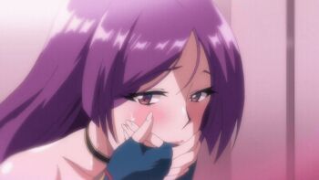 1girl 2023 20s animated animated_gif anime_screenshot black_choker brown_eyes choker cosplay covering_own_mouth eyes_rolling_up hand_over_own_mouth implied_sex lips lipstick long_hair looking_back makeup mature_female minamoto_no_raikou_(fate)_(cosplay) minamoto_no_raikou_(swimsuit_lancer)_(fate)_(cosplay) open_mouth public_indecency public_restroom purple_hair rolling_eyes tagme tsuma_ni_damatte_sokubai-kai_ni_iku_ja_nakatta very_long_hair yumiko_kimura
