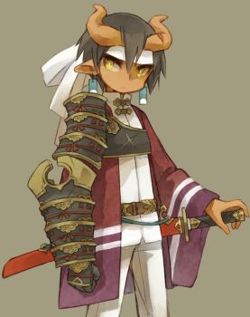 1boy absurdres armor belt bright_pupils commentary_request cowboy_shot dou earrings gauntlets headband high_collar highres horns japanese_armor jewelry koki08186863 long_sleeves male_focus original pants pointy_ears shirt shoulder_armor simple_background single_gauntlet single_sode sode solo sword weapon white_headband white_pants white_pupils white_shirt wide_sleeves yellow_eyes