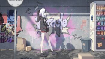 1girl bare_legs black_hair black_hoodie black_horns blue_archive box brick_road cardboard_box commentary day demon_horns demon_wings earphones graffiti grey_halo halo hands_in_pockets highres hood hoodie horns kayoko_(blue_archive) listening_to_music long_hair multicolored_hair original parted_bangs pleated_skirt poster_(object) print_hoodie red_skirt road road_sign sign single_wing skirt solo street trash_can untranslatable_commentary vending_machine walking white_hair wings wire yu_qi_bu_zai