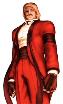 1boy armband arms_at_sides black_armband blonde_hair capcom_vs._snk facial_hair fingerless_gloves from_below game_cg gloves highres looking_down male_focus missing_eye mori_toshiaki mustache non-web_source official_art one-eyed pants red_eyes red_pants rugal_bernstein shirt simple_background solo standing the_king_of_fighters white_background