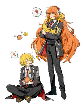 Rule 34 | 2girls, ?, absurdres, animal, animal on shoulder, animalization, black coat, boots, bow, cat, cat on shoulder, coat, don quixote (project moon), green eyes, hair bow, hashtag-only commentary, highres, holding, holding animal, holding cat, ishmael (project moon), lapels, limbus company, long hair, multiple girls, notched lapels, open mouth, orange hair, project moon, red trim, sancho (project moon), sidelocks, simple background, sitting, speech bubble, spoken question mark, sweat, umbrella octopus, uzr akira, very long hair, white background, white bow, white trim, yellow boots