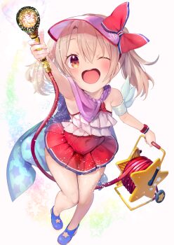 1girl cape dress_swimsuit fate/grand_order fate/kaleid_liner_prisma_illya fate_(series) highres holding holding_hose hose hose_nozzle illyasviel_von_einzbern illyasviel_von_einzbern_(swimsuit_archer) illyasviel_von_einzbern_(swimsuit_archer)_(second_ascension) inflatable_armbands magical_ruby magical_ruby_(hose) one-piece_swimsuit one_eye_closed p_answer red_one-piece_swimsuit smile solo spraying star_(symbol) star_print swimsuit twintails visor_cap