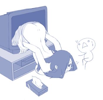 1girl 2channel ass blue_theme breasts female_focus hair_over_breasts hair_over_one_breast large_breasts monochrome no_bra solo television the_ring through_medium through_screen top-down_bottom-up topless_female wardrobe_malfunction yamamura_sadako