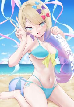 :d alternate_costume ball barefoot beach beachball blonde_hair blue_eyes blue_hair bow chest_bow chouzetsusaikawa_tenshi-chan colored_tips day hair_bow head_tilt highres holding holding_swim_ring innertube looking_at_viewer meguru_same multicolored_hair multiple_hair_bows navel needy_girl_overdose open_mouth outdoors panties pink_hair quad_tails revealing_clothes seiza sidelocks sitting smile swim_ring swimsuit underwear v