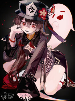 1girl absurdres black_background black_hat black_nails black_shoes boo_tao_(genshin_impact) bracelet brown_hair flower flower_in_eye genshin_impact gmpoo93 hair_between_eyes hat hat_flower highres hu_tao_(genshin_impact) jewelry kneehighs kneeling loafers long_hair long_sleeves looking_at_viewer nail_polish paw_pose red_eyes red_flower ring shoes short_shorts shorts socks solo symbol_in_eye twintails very_long_hair white_socks