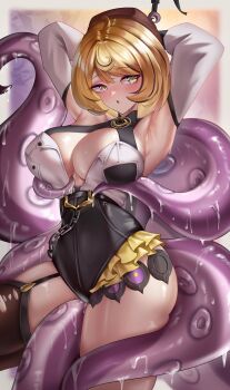 1girl absurdres armpits ass asymmetrical_shorts blonde_hair blush breasts detached_sleeves green_pupils hat high-waist_shorts highres large_breasts looking_to_the_side mole mole_under_mouth monster_girl octopus open_clothes purple_eyes short_hair shorts single_thighhigh slimy solo spiral standing sticker sweat tentacle_between_breasts tentacle_between_legs tentacle_tail tentaclejob tentacles thighhighs unbuttoned wendy_(5877) white_sleeves yidhari_murphy zenless_zone_zero