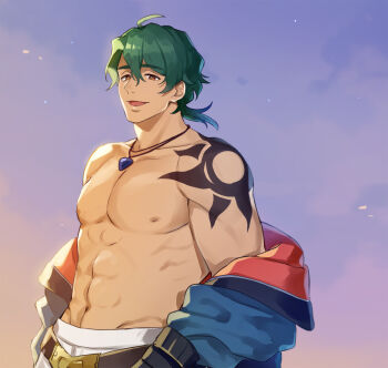 1boy abs bara bare_pectorals bare_shoulders bishounen commentary_request cowboy_shot dark-skinned_male dark_skin green_hair jacket jacket_partially_removed jewelry joe_(sk8) large_pectorals male_focus male_underwear male_underwear_peek medium_hair muscular muscular_male navel necklace nipples pectorals satoimo_sanda shoulder_tattoo sk8_the_infinity solo stomach tattoo underwear white_male_underwear