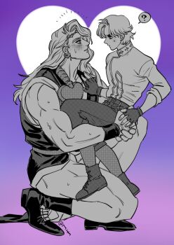 ? absurdres age_difference ankle_boots blush boots dio_brando earrings eye_contact fingerless_gloves gloves gradient_background greyscale_with_colored_background headband heart heart_earrings highres jewelry jojo_no_kimyou_na_bouken long_hair long_sleeves looking_at_another maitake_(cbe08253) male_focus muscular muscular_male on_one_knee onii-shota phantom_blood purple_background sleeveless spoken_question_mark stardust_crusaders sweatdrop time_paradox twitter_username vanilla_ice yaoi