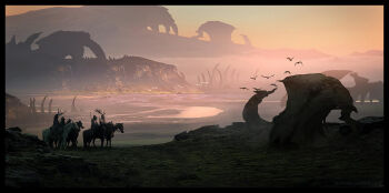 4others animal commentary english_commentary flock fog from_behind giant_skeleton horse horseback_riding landscape moss mountain mountainous_horizon multiple_others original painterly raphael-lacoste ribs riding river rock scenery skull sky yellow_sky