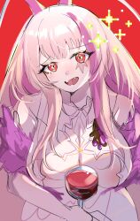 Rule 34 | 1girl, alcohol, blush, breasts, cleavage, cockroach girl, cup, drinking glass, fang, long hair, looking at viewer, monster girl, open mouth, pale skin, pink hair, red background, red eyes, smile, wine, wine glass